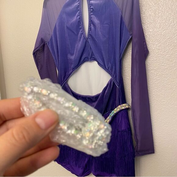 WEISSMAN Dance Costume purple fringe velvet mesh sleeve All The Ways 13290 MA - Picture 7 of 13
